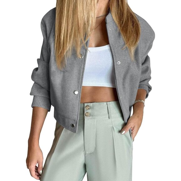 Womens Cropped Bomber Jacket Wool Blend Varsity Short Pea Coats Long Sleeve Butt